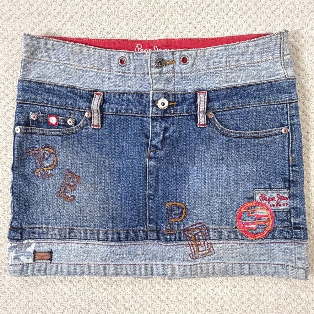 Y2K Pepe Jeans Skirt Mini RARE VTG Women Blue Denim Embroidered Patchwork